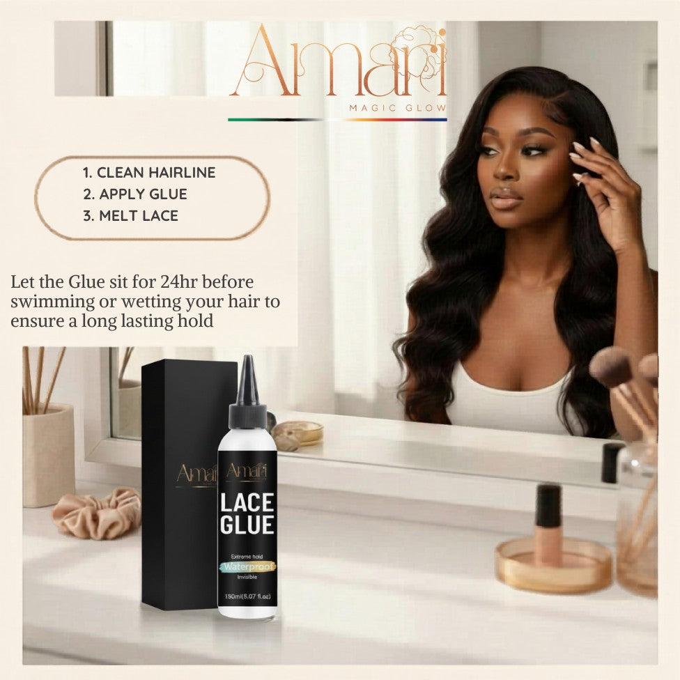 Amari Magic Glow 150ml lace glue bottle and box on a vanity with a woman wearing a wig in the background.