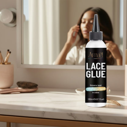 Amari Magic Glow Lace Glue 150ml bottle with extreme hold, waterproof, and invisible finish features. Woman in background styling hair.