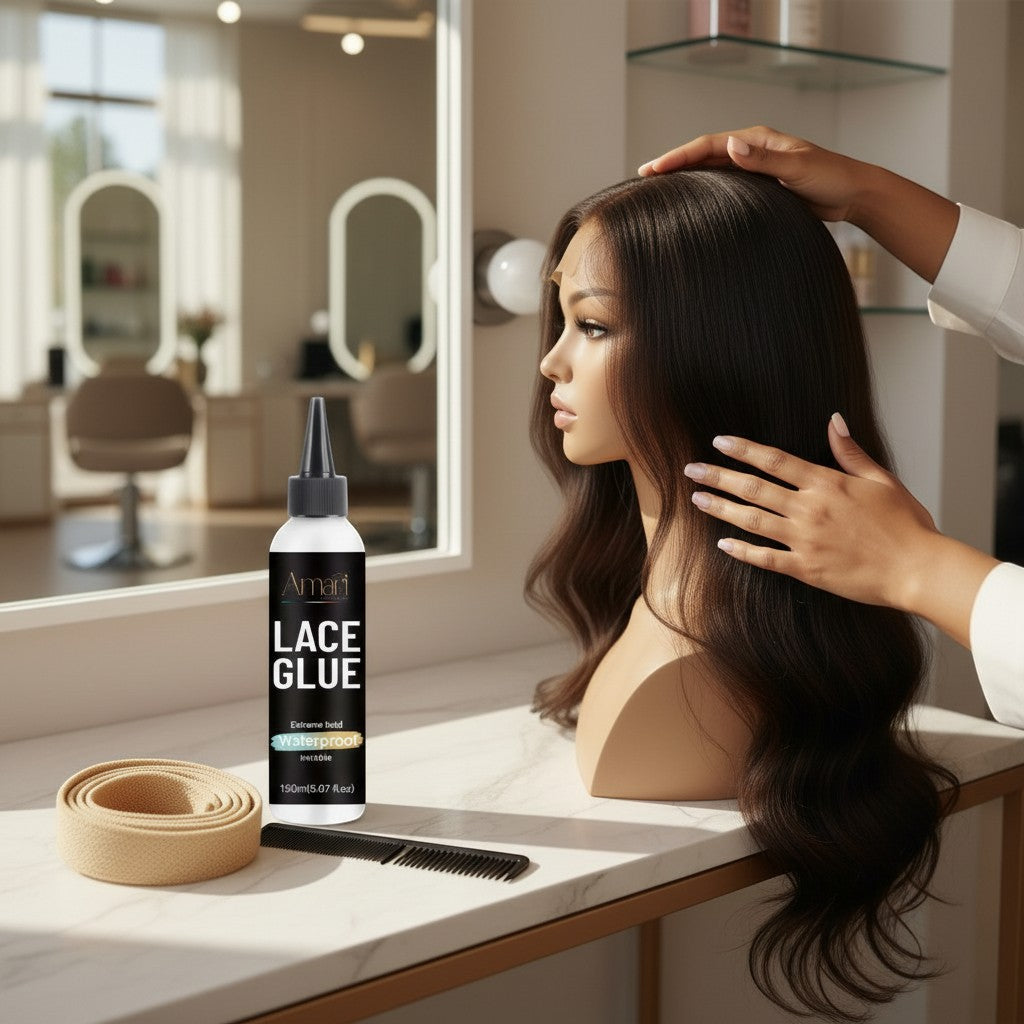 Amari Magic Glow Lace Glue 150ml bottle with extreme hold, waterproof, and invisible properties on a vanity.