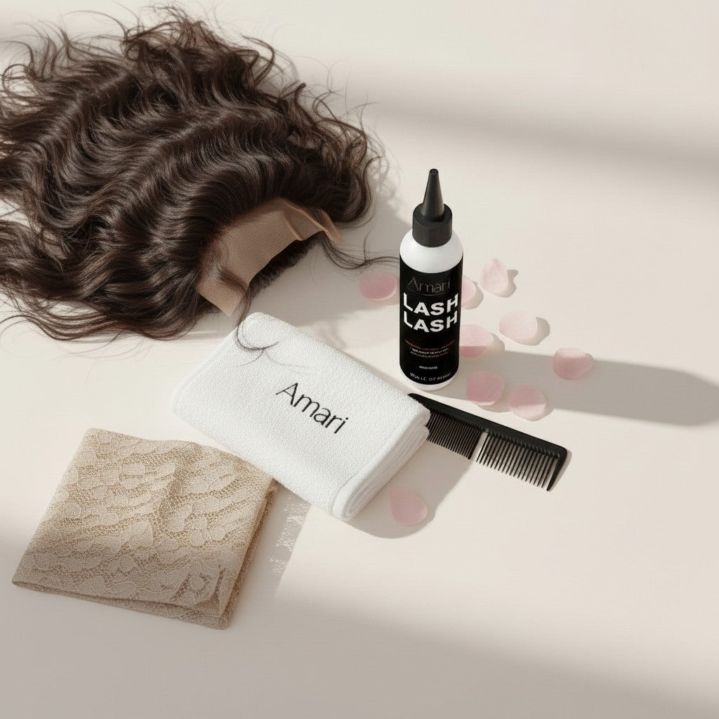 Amari Magic Glow Lace Glue 150ml bottle with a beige lace wig, white towel, and black comb on a light background.