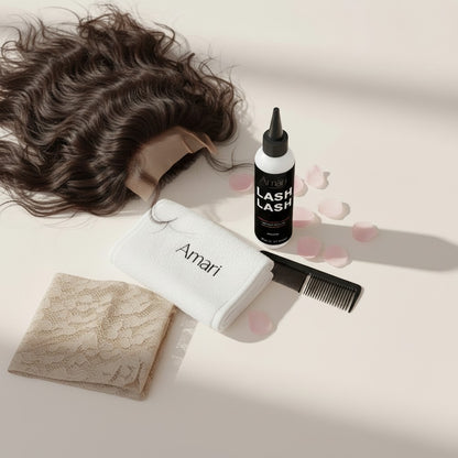 Amari Magic Glow Lace Glue 150ml bottle with a beige lace wig, white towel, and black comb on a light background.