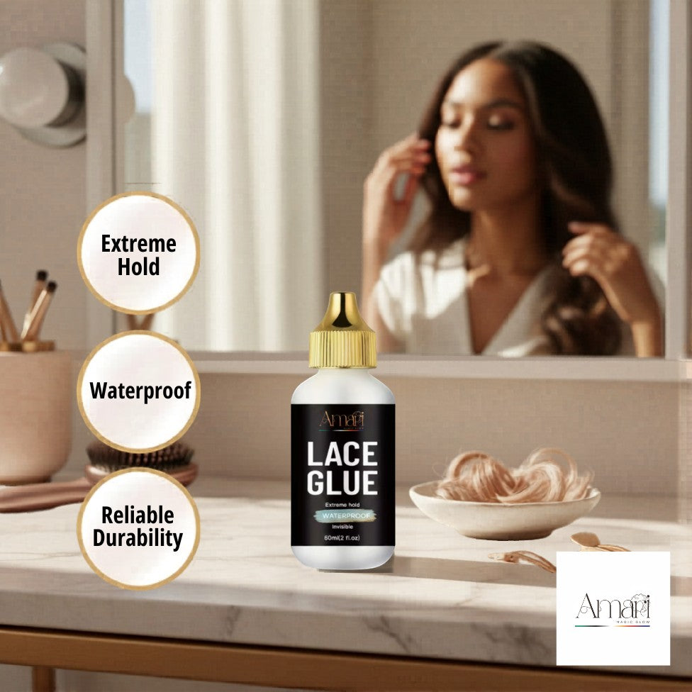 Amari Magic Glow Lace Glue 60ml bottle with gold cap, featuring extreme hold, waterproof, and reliable durability. Woman in background.