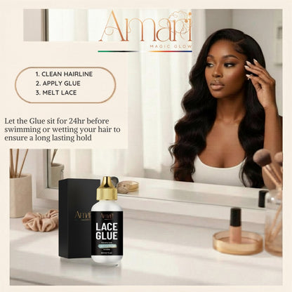 Amari Magic Glow lace front glue bottle and box on a vanity with a model wearing a wig.