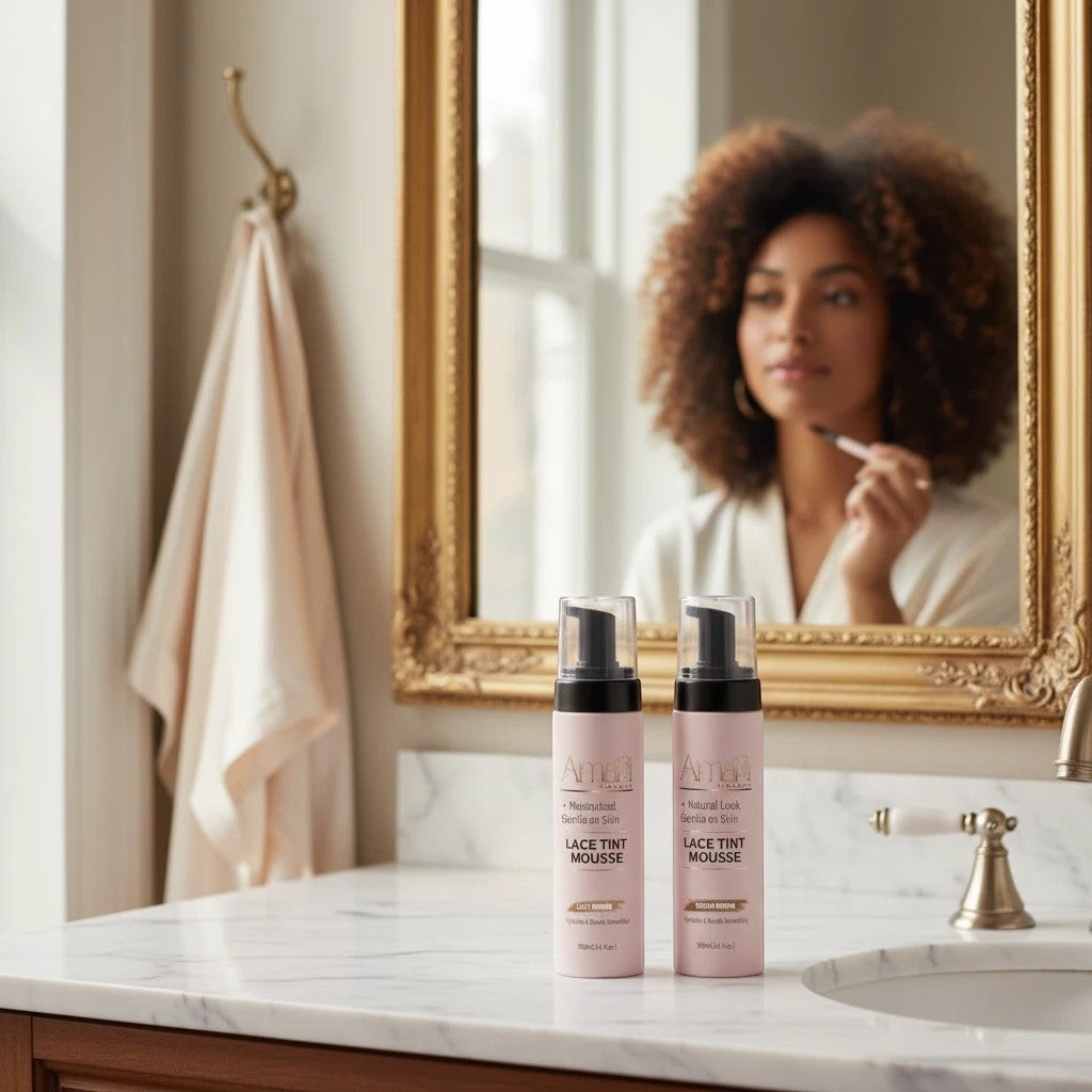 Amari Magic Glow Lace Tint Mousse 100ml bottles on a marble vanity with a woman reflected in a mirror applying makeup.
