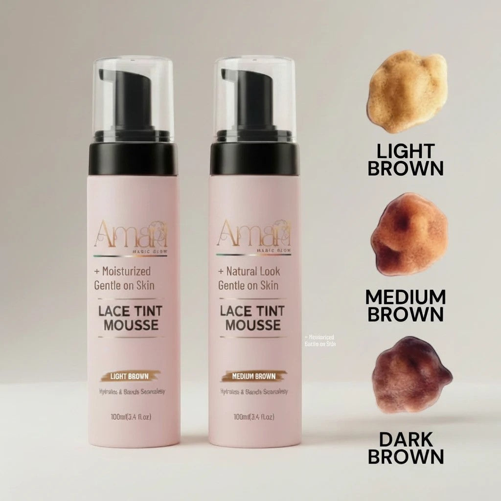 Amari Magic Glow Lace Tint Mousse 100ml in Light Brown and Medium Brown shades, with swatches of light, medium, and dark brown.