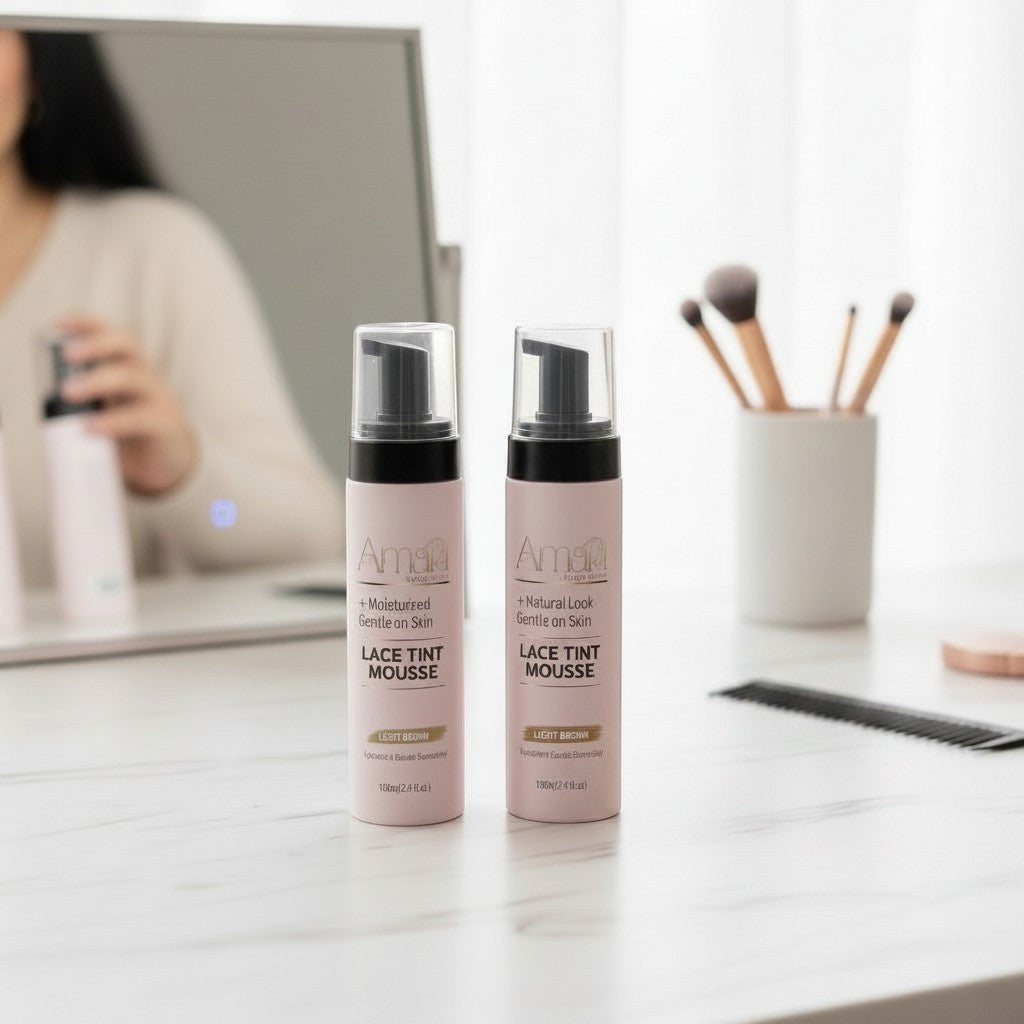 Amari Magic Glow Lace Tint Mousse in Light Brown, 100ml bottles. Two bottles shown, one with "Moisturised Gentle on Skin" and the other with "Natural Look Gentle on Skin".