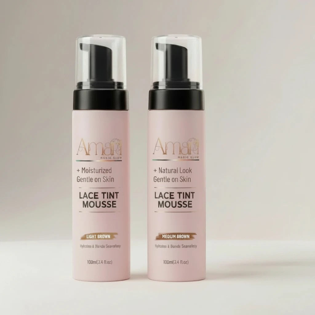 Amari Magic Glow Lace Tint Mousse in Light Brown and Medium Brown, 100ml bottles. Moisturizing and gentle on skin.