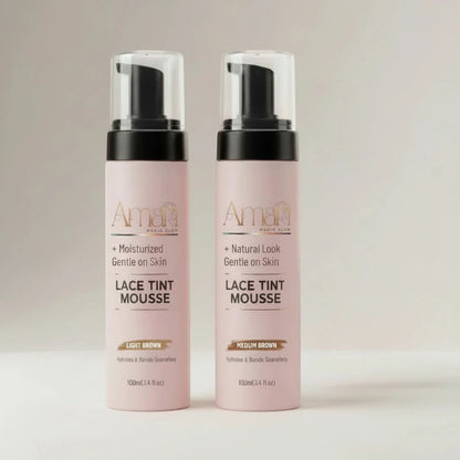 Amari Magic Glow Lace Tint Mousse in Light Brown and Medium Brown, 100ml bottles. Moisturizing and gentle on skin.