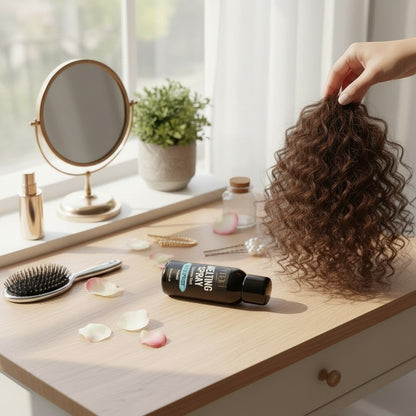 Amari Magic Glow Melting Spray 128ml bottle and box on a vanity table with a wig mannequin.