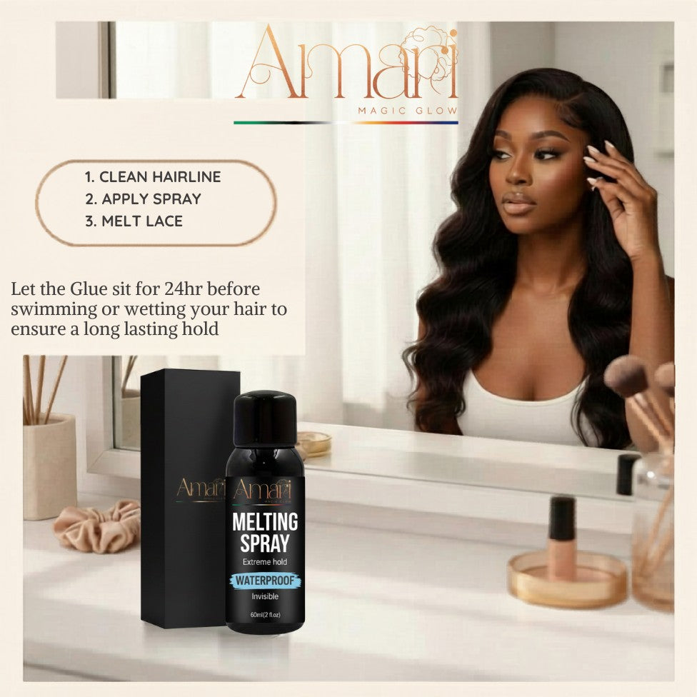 Amari Magic Glow Melting Spray 128ml, a waterproof, invisible lace glue for extreme hold and a seamless melt.