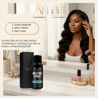 Amari Magic Glow Melting Spray 128ml, a waterproof, invisible lace glue for extreme hold and a seamless melt.