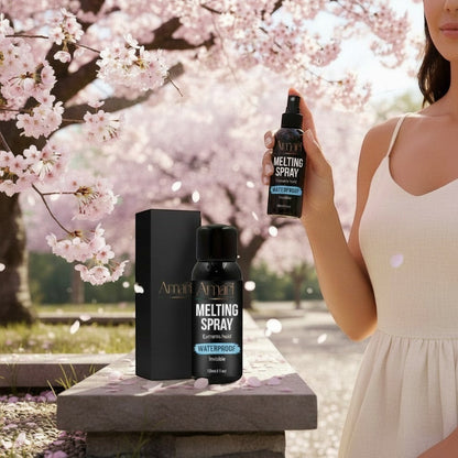 Amari Magic Glow Melting Spray 128ml, a waterproof lace spray for a seamless, strong hold. Woman holding bottle.